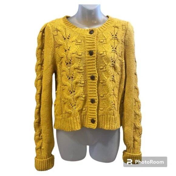 Anthropologie Goldenrod Open Cable Knit Pattern Button Up Cardigan size medium - Picture 1 of 9